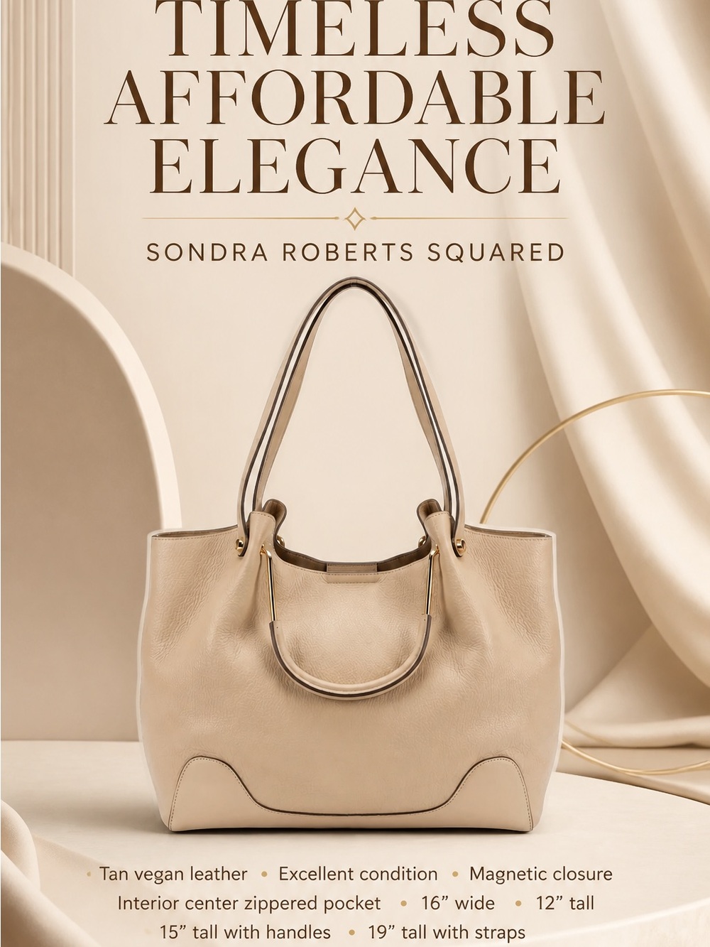 Sondra Roberts Cream-Tan Vegan Leather Tote with Dual Straps
